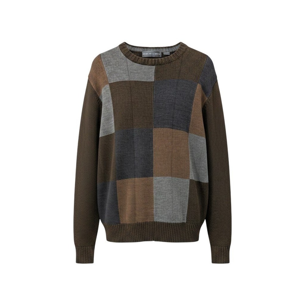 Oscar De La Renta‎ Mens Color Block Patchwork Crewneck Sweater Brown Grey Large